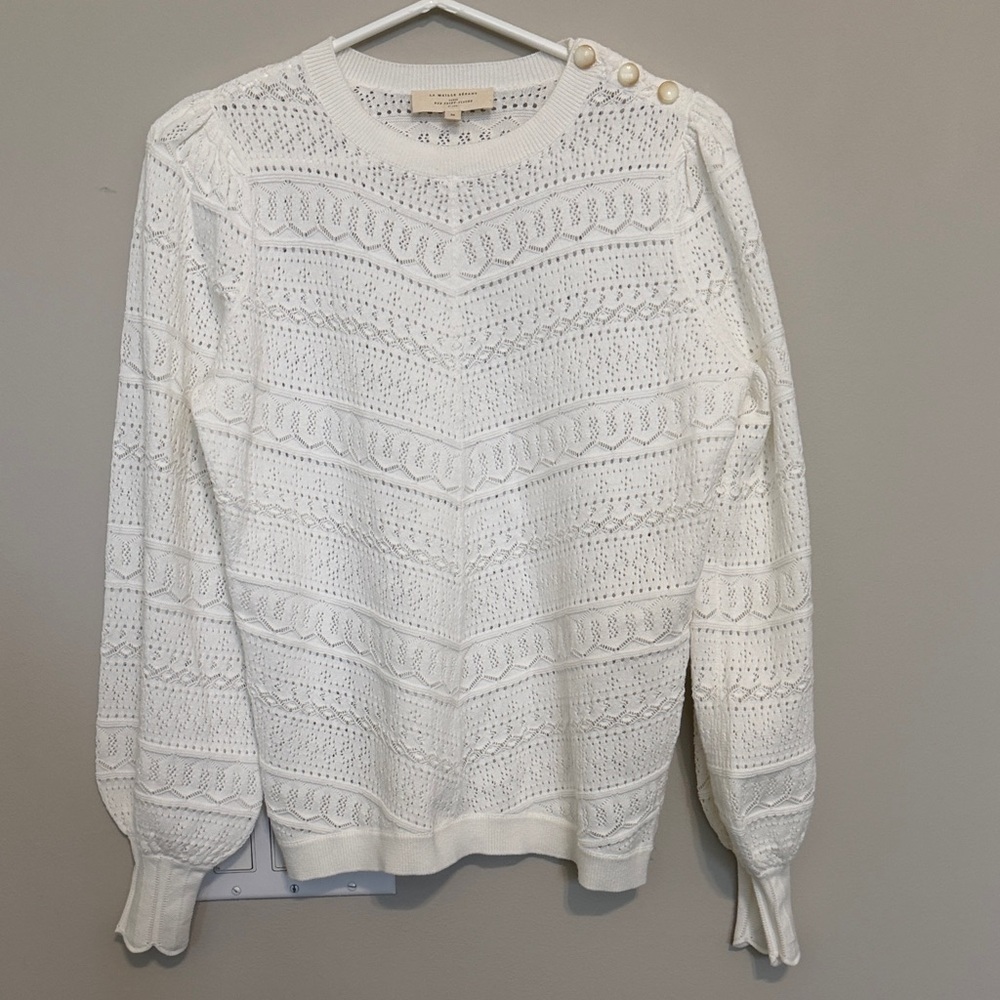 Sézane White SOLINE Open-Knit Crew Sweater with Delicate Eyelet Detail